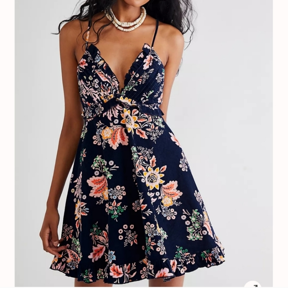 Free People Floral Navy Cord Looking Glass Mini Dress Size‎ S/P  Small